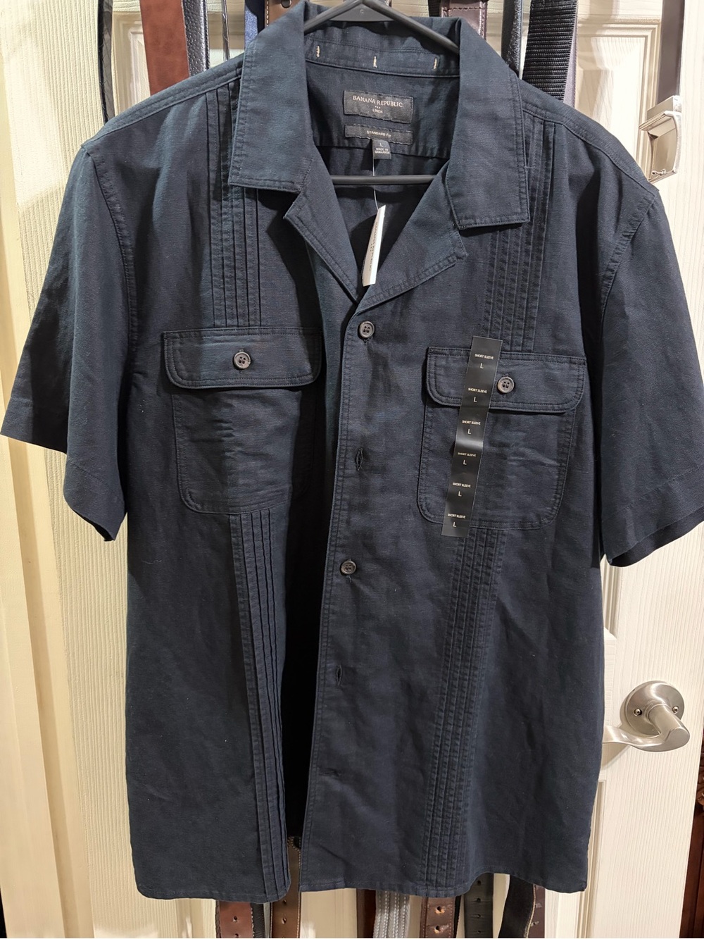 Banana Republic Navy Linen Short-Sleeve Camp Shirt